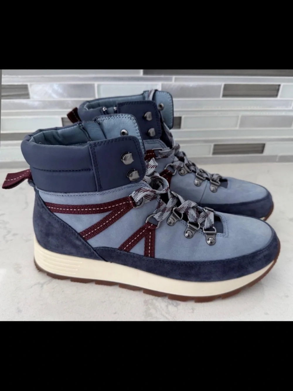 Alex Marie Two-Tone Leather Hiker Ankle Boot 8M | Blue/Navy/Maroon | Never Worn